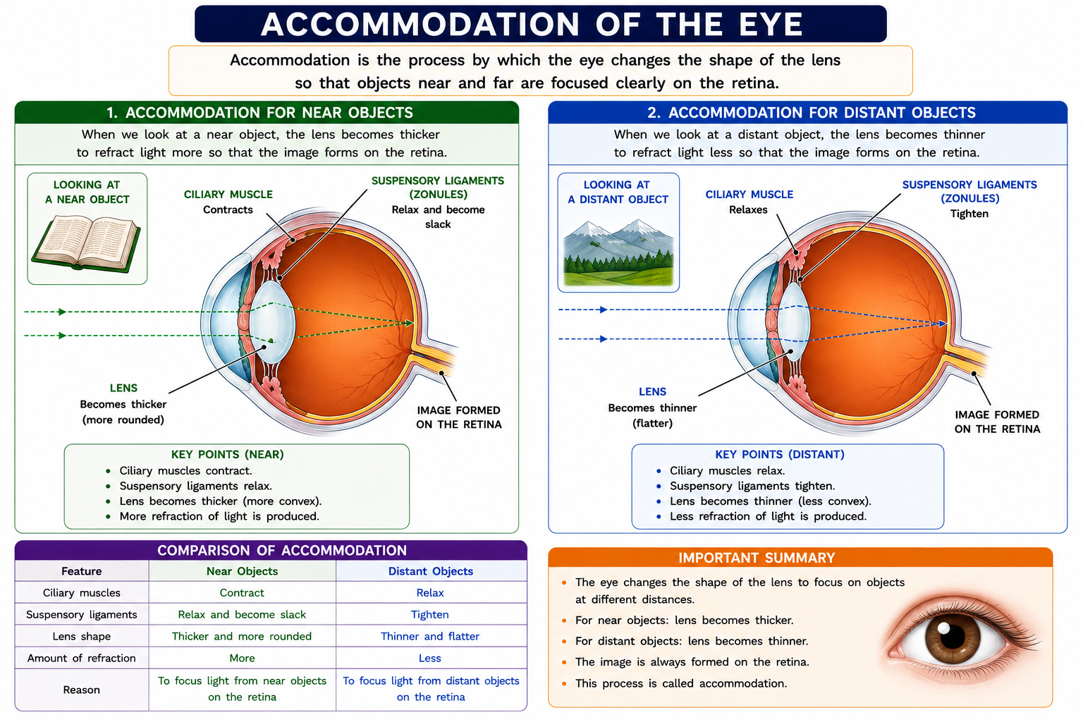 Accommodation comparison diagram showing near and distant objects lens thickness ciliary muscles and suspensory ligaments