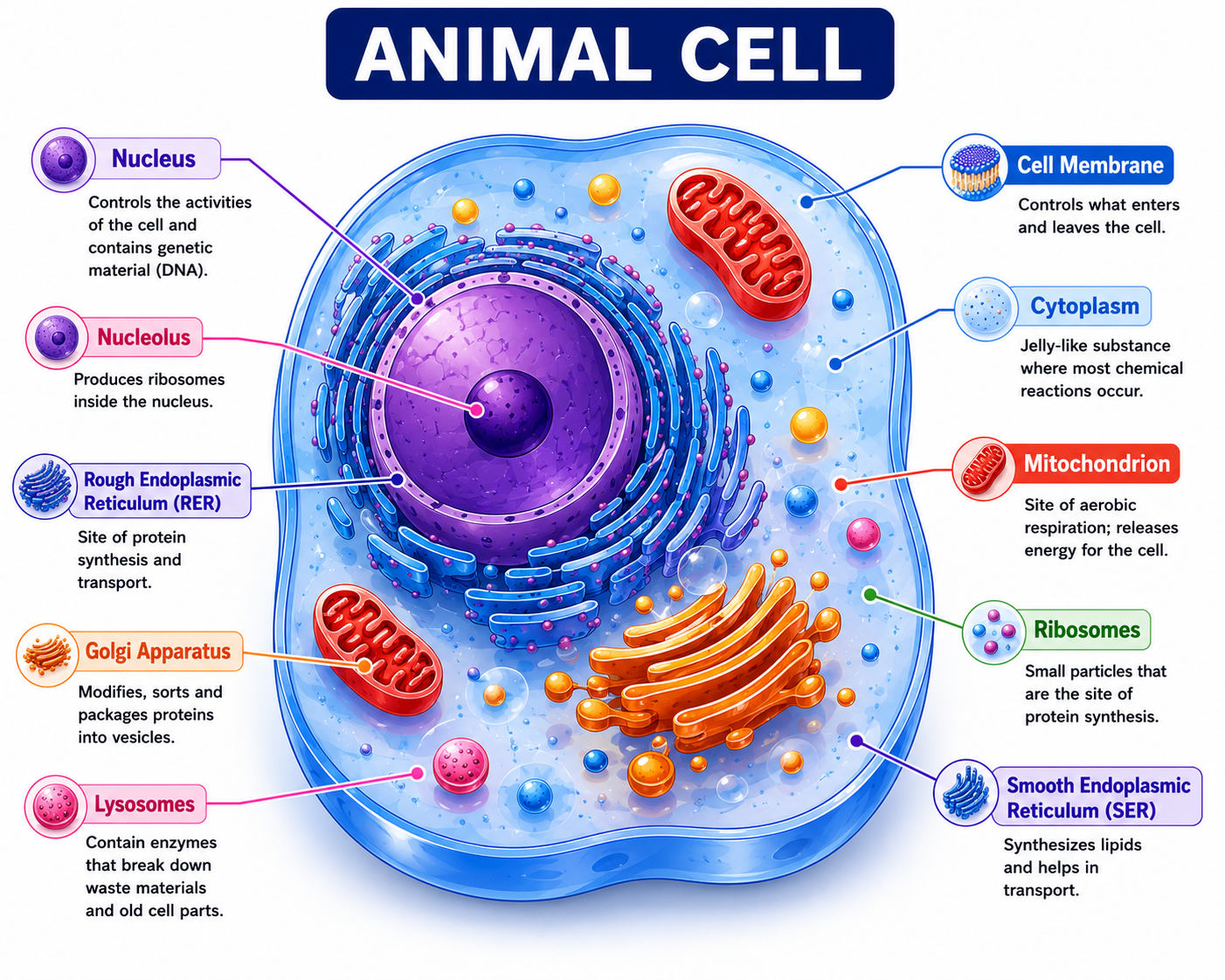 Labelled animal cell diagram showing nucleus, cytoplasm, cell membrane, mitochondria and ribosomes