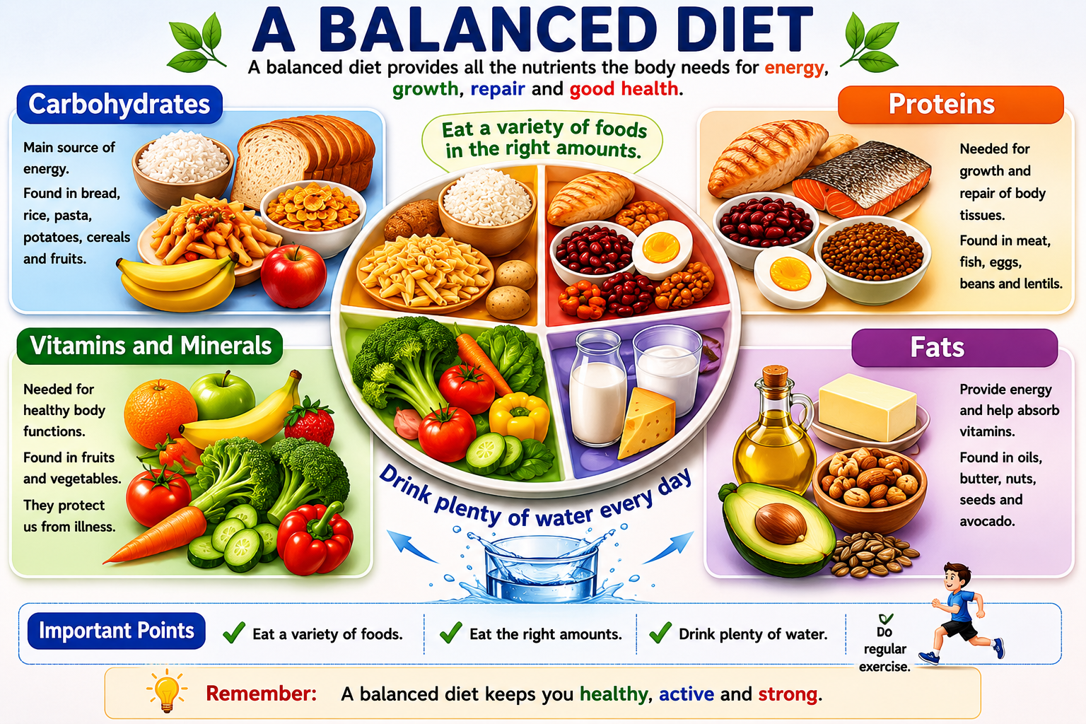 Balanced diet food groups table for Cambridge IGCSE Biology showing carbohydrates proteins fats vitamins minerals and water