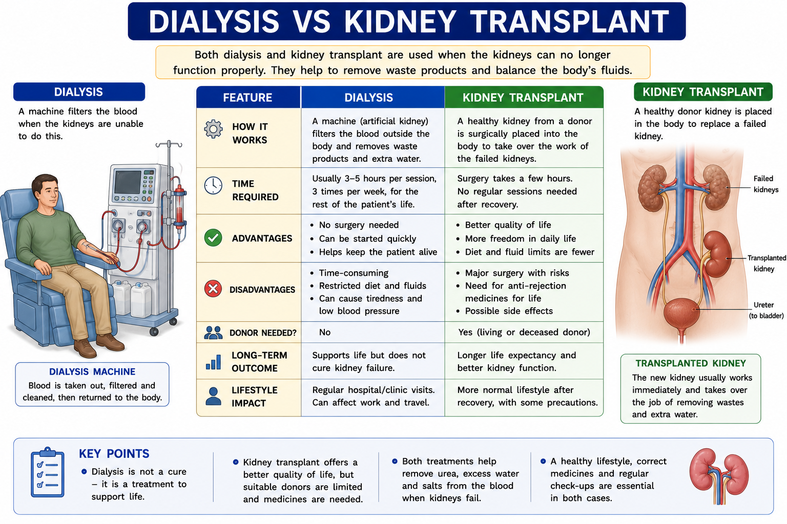 Dialysis versus kidney transplant comparison showing how each treatment works advantages disadvantages donor requirement and lifestyle impact