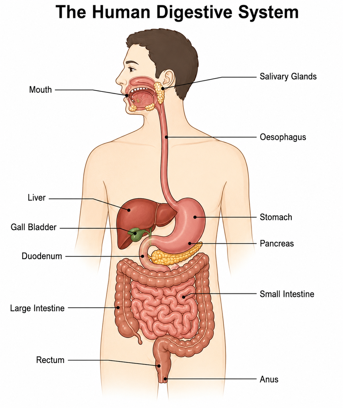 Cambridge IGCSE Biology human digestive system diagram showing mouth oesophagus stomach liver pancreas small intestine large intestine rectum and anus