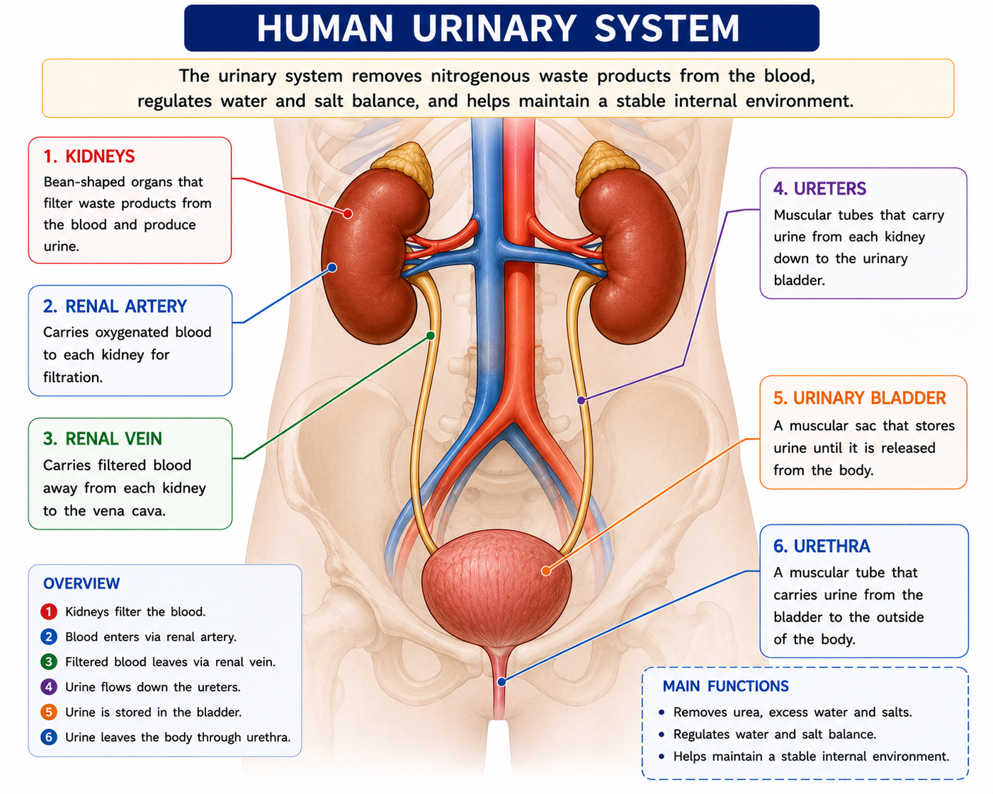 Human urinary system diagram showing kidneys ureters urinary bladder urethra renal artery and renal vein