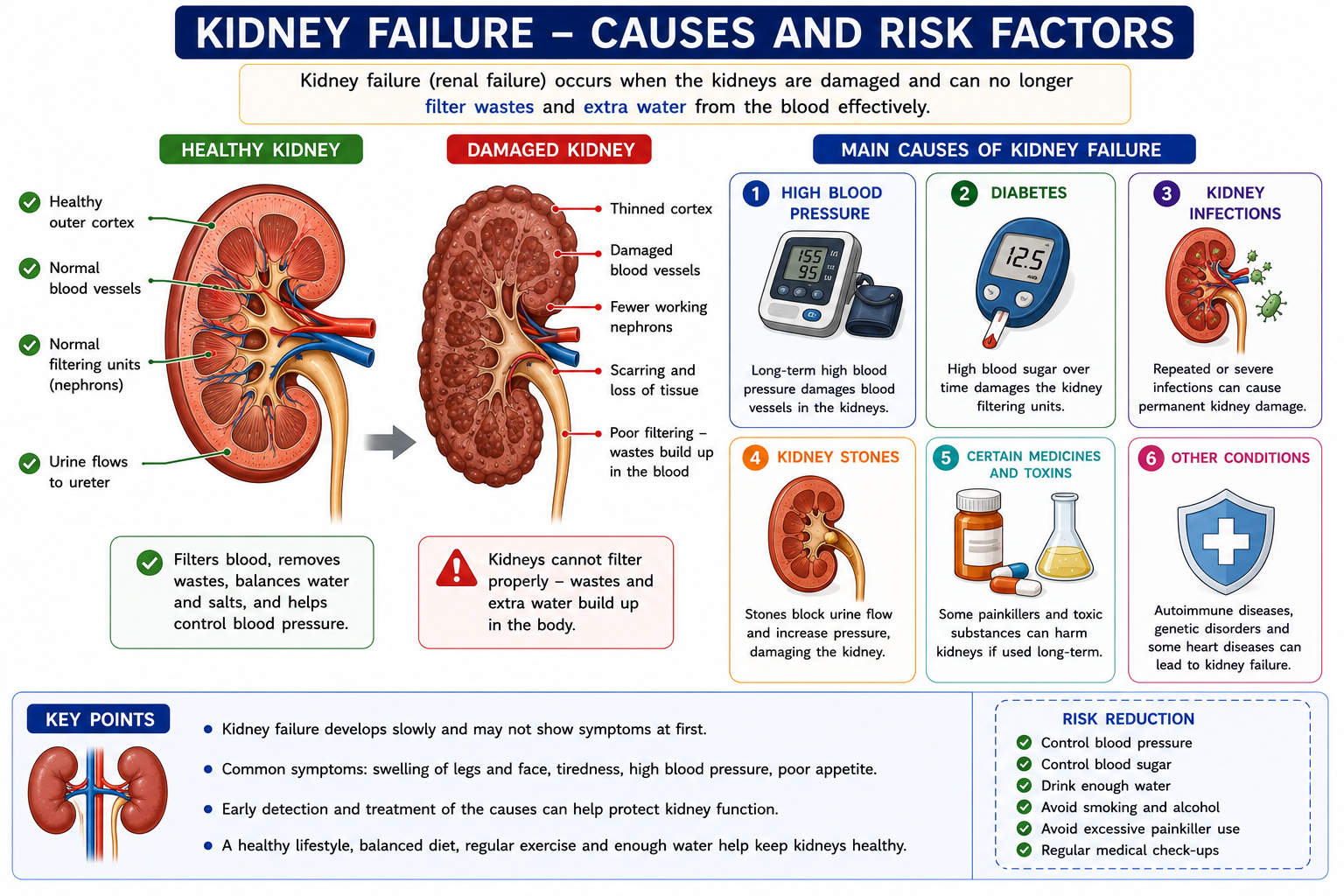 Kidney failure causes diagram showing healthy and damaged kidneys high blood pressure diabetes infection kidney stones and toxins