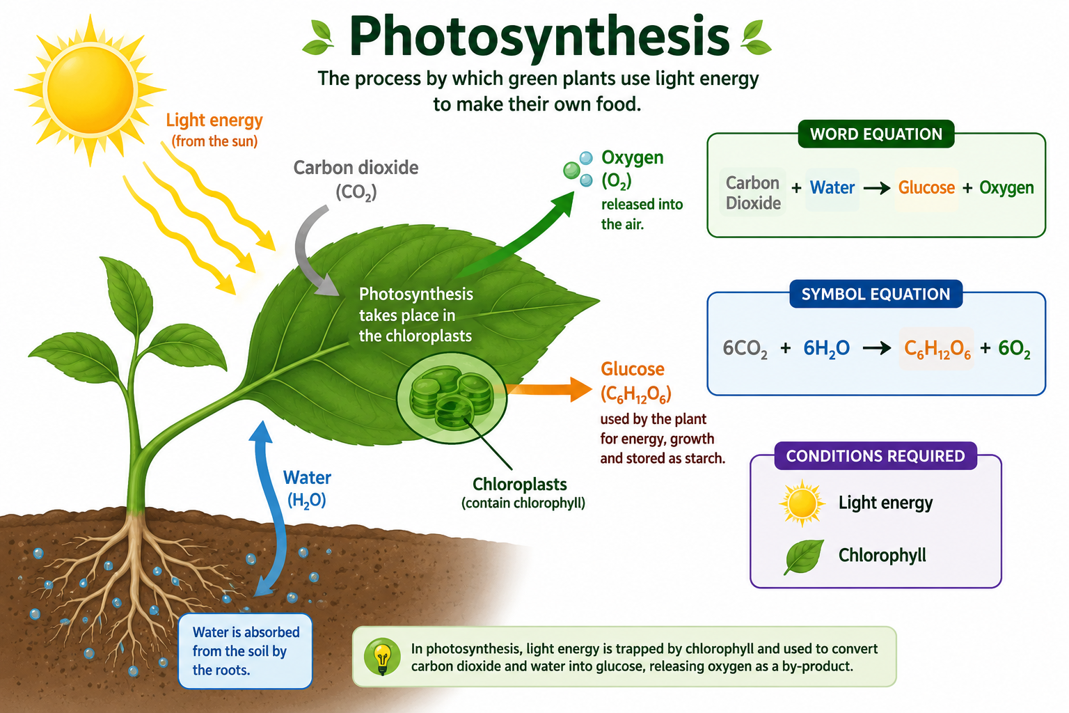 Cambridge IGCSE Biology photosynthesis diagram showing carbon dioxide, water, light energy, chlorophyll, glucose and oxygen