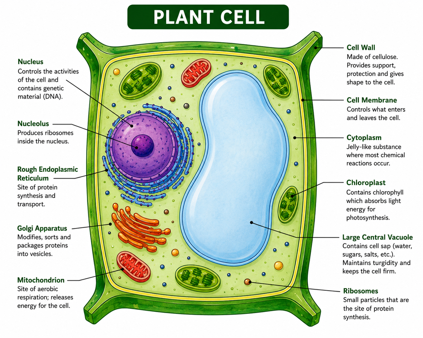 Labelled plant cell diagram showing cell wall, chloroplasts, vacuole, nucleus, cytoplasm and cell membrane