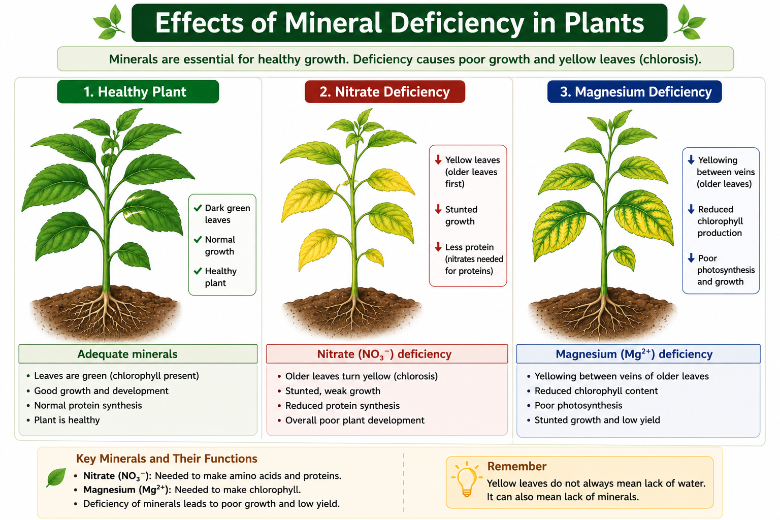 Plant mineral deficiency diagram showing healthy plant nitrate deficiency and magnesium deficiency