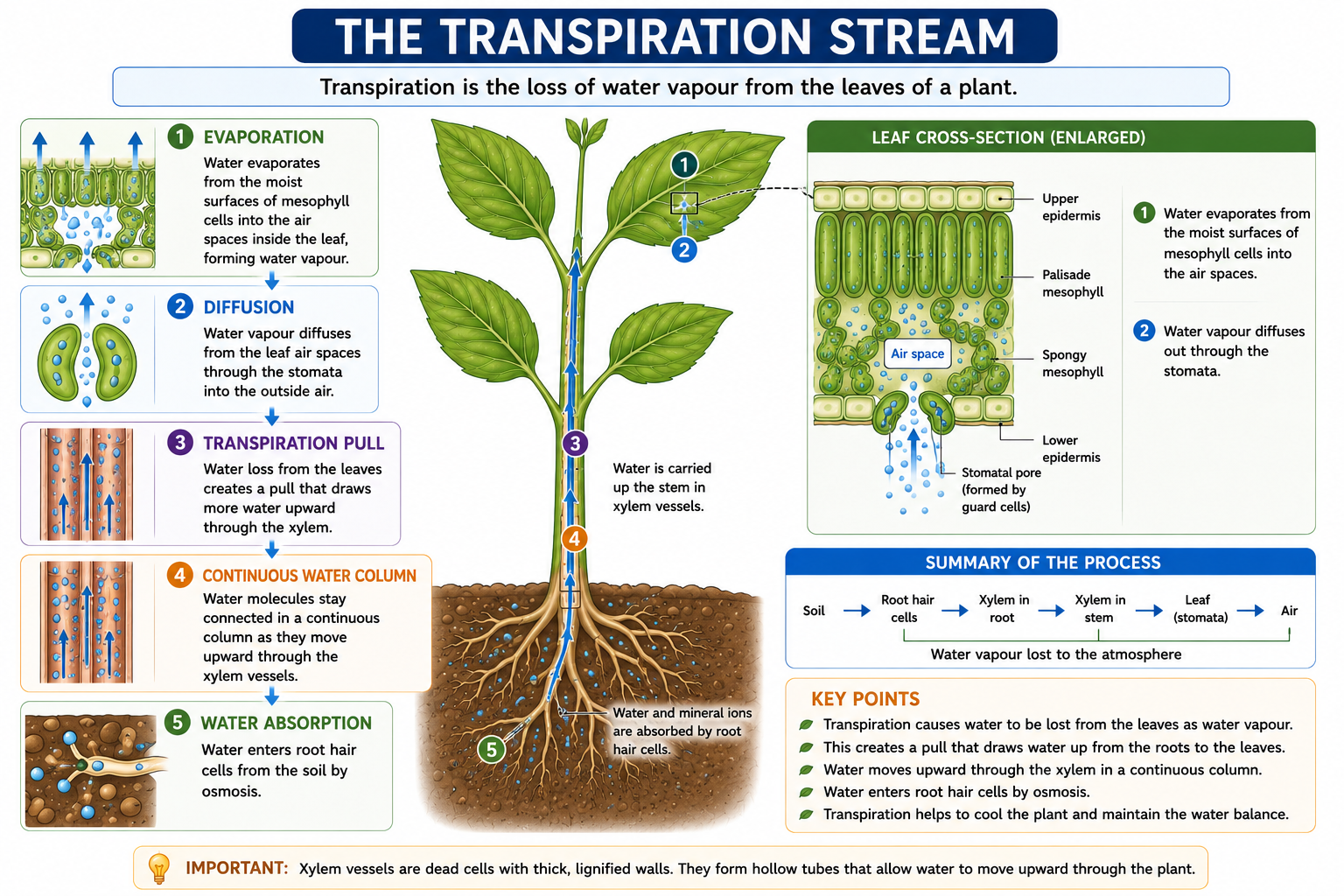 Transpiration stream diagram showing evaporation diffusion transpiration pull xylem and water absorption
